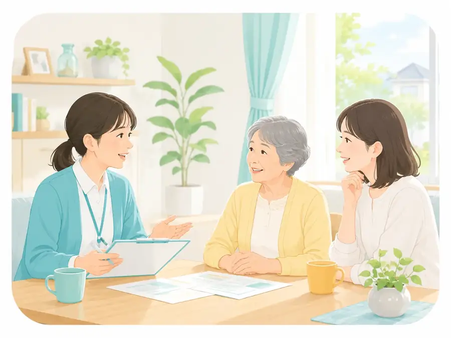 ケアマネジャーが利用者とご家族の相談を受けているイメージ